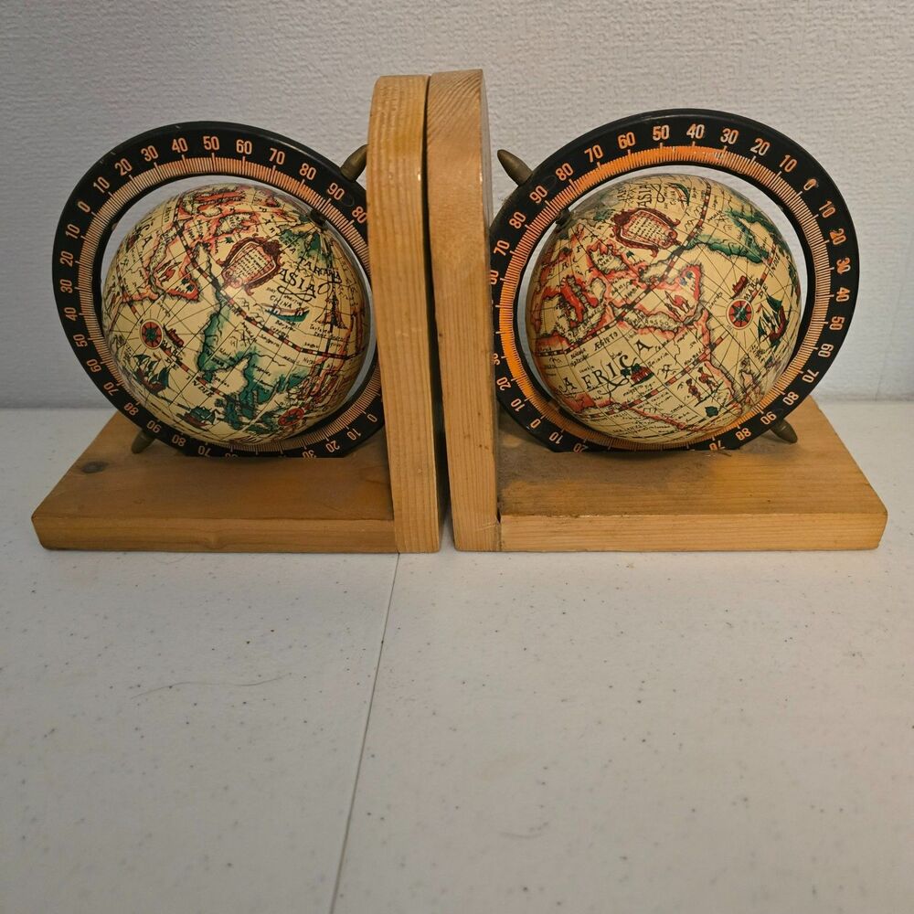 Pair of Vintage Rotating Old World Globe Wooden Bookends